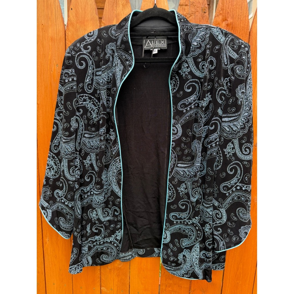 Alex Evenings Womens XL Black Blue Glitter Paisley Open Front Cardigan Jacket